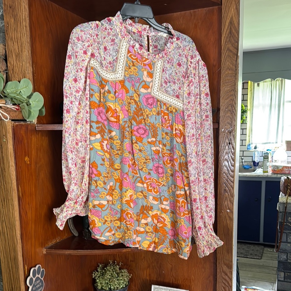 JODIFL Floral Patchwork Blouse - Pink, Orange, Blue